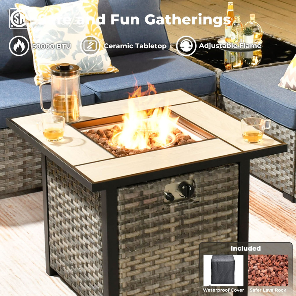 Ovios 13 Pieces Outdoor Patio Furniture Set with Fire Pit Table and Chairs with Wide Armrests