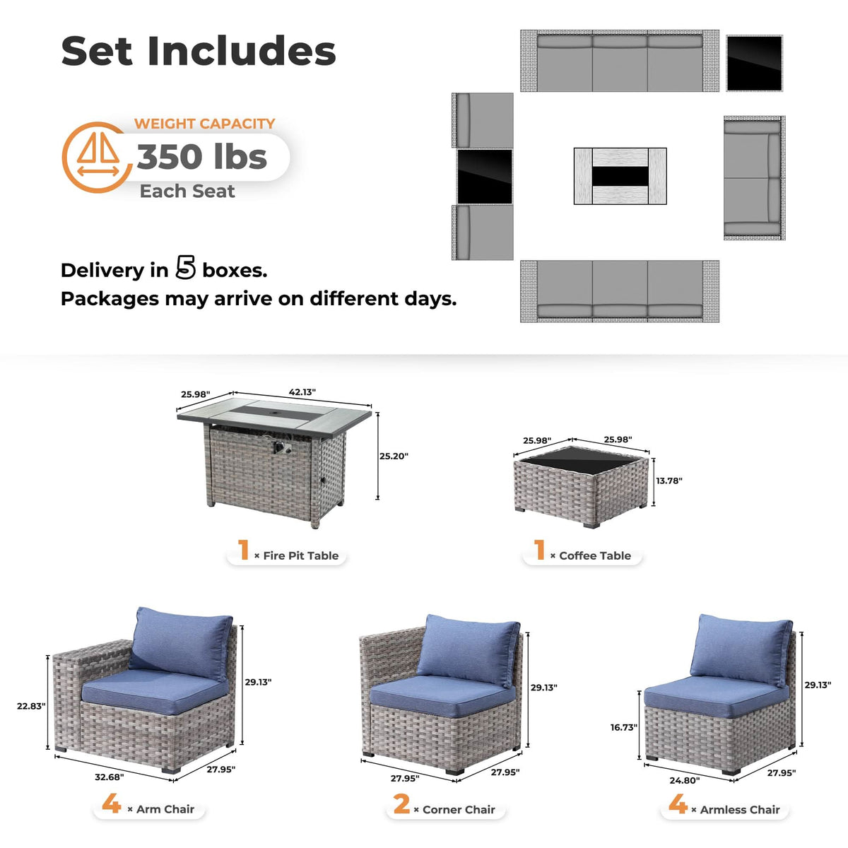 Ovios 13 Pieces Outdoor Patio Furniture Set with Fire Pit Table and Chairs with Wide Armrests