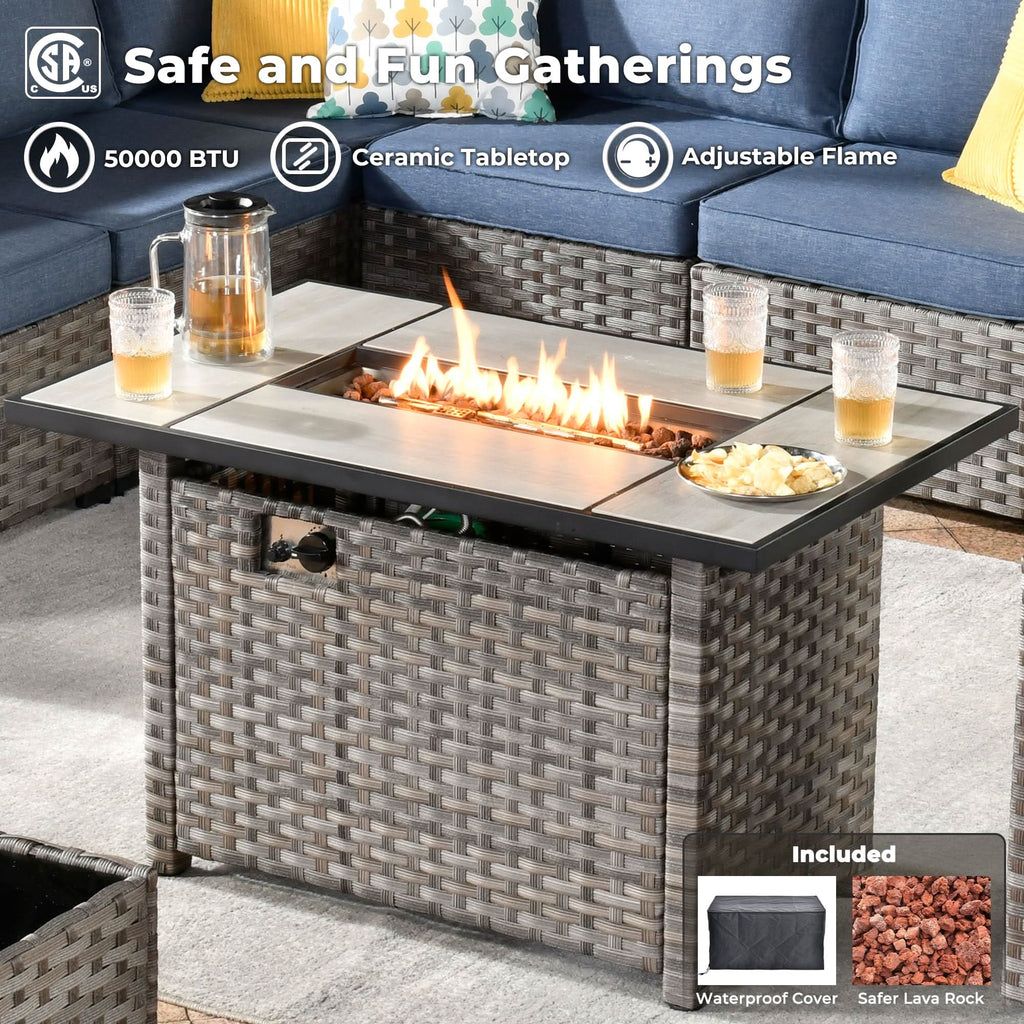 Ovios 13 Pieces Outdoor Patio Furniture Set with Fire Pit Table and Chairs with Wide Armrests