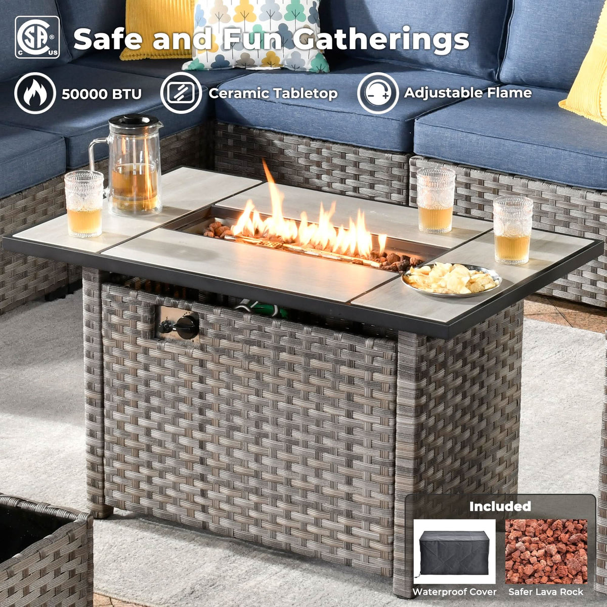 Ovios 13 Pieces Outdoor Patio Furniture Set with Fire Pit Table and Chairs with Wide Armrests