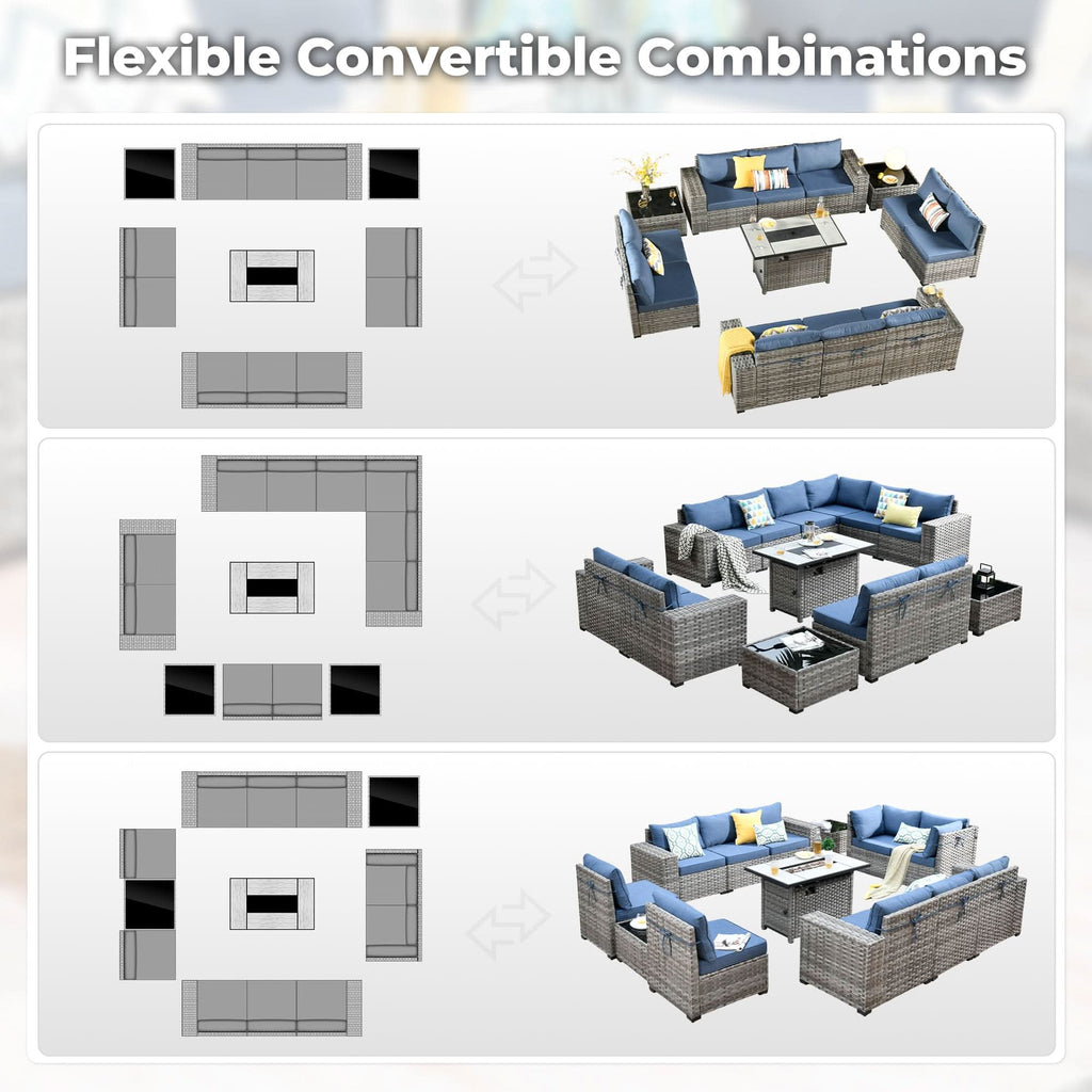 Ovios 13 Pieces Outdoor Patio Furniture Set with Fire Pit Table and Chairs with Wide Armrests