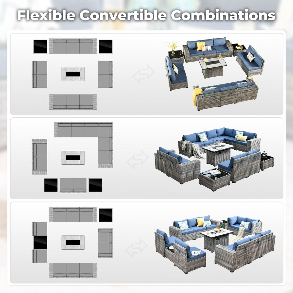 Ovios 13 Pieces Outdoor Patio Furniture Set with Fire Pit Table and Chairs with Wide Armrests