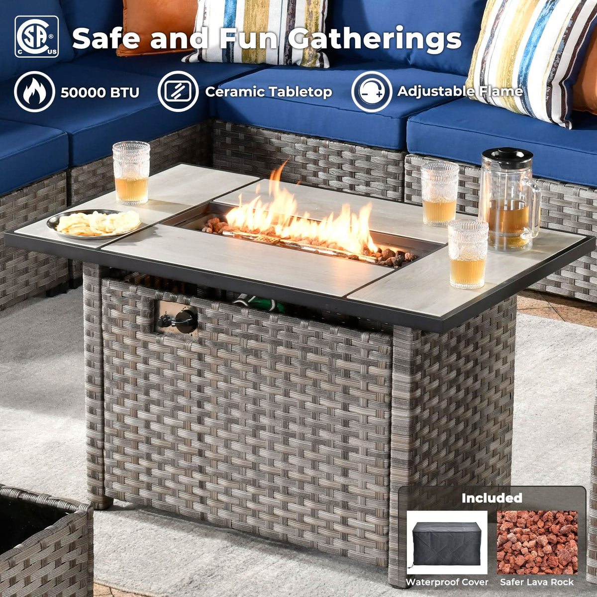 Ovios 13 Pieces Outdoor Patio Furniture Set with Fire Pit Table and Chairs with Wide Armrests