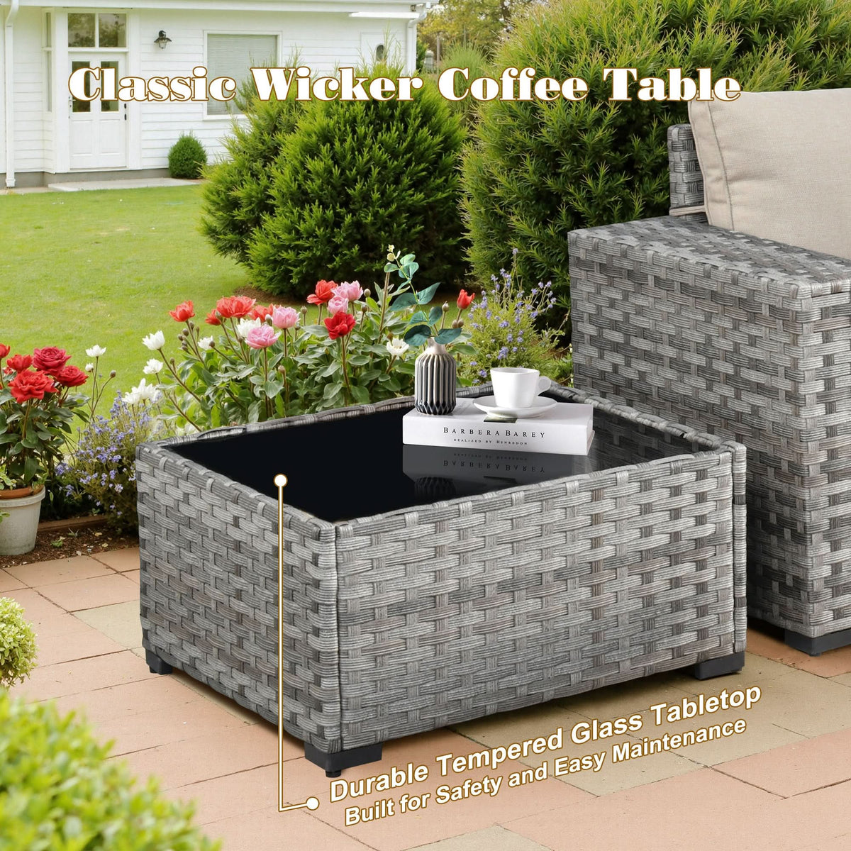 Ovios 13 Pieces Outdoor Patio Furniture Set with Fire Pit Table and Chairs with Wide Armrests