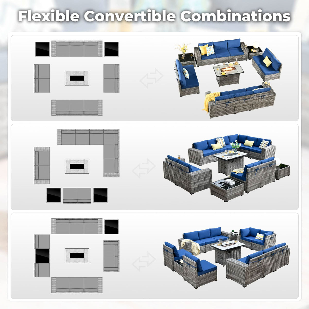 Ovios 13 Pieces Outdoor Patio Furniture Set with Fire Pit Table and Chairs with Wide Armrests