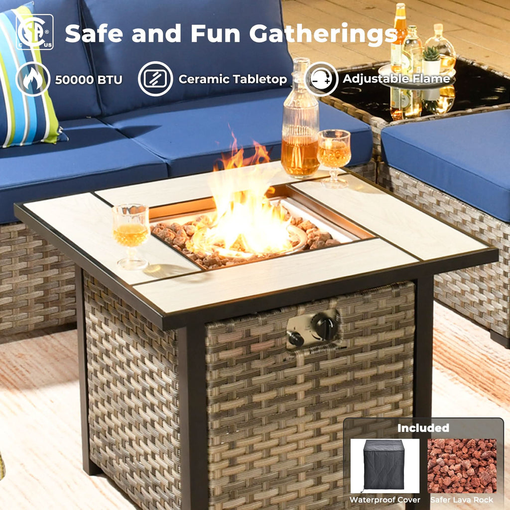 Ovios 13 Pieces Outdoor Patio Furniture Set with Fire Pit Table and Chairs with Wide Armrests
