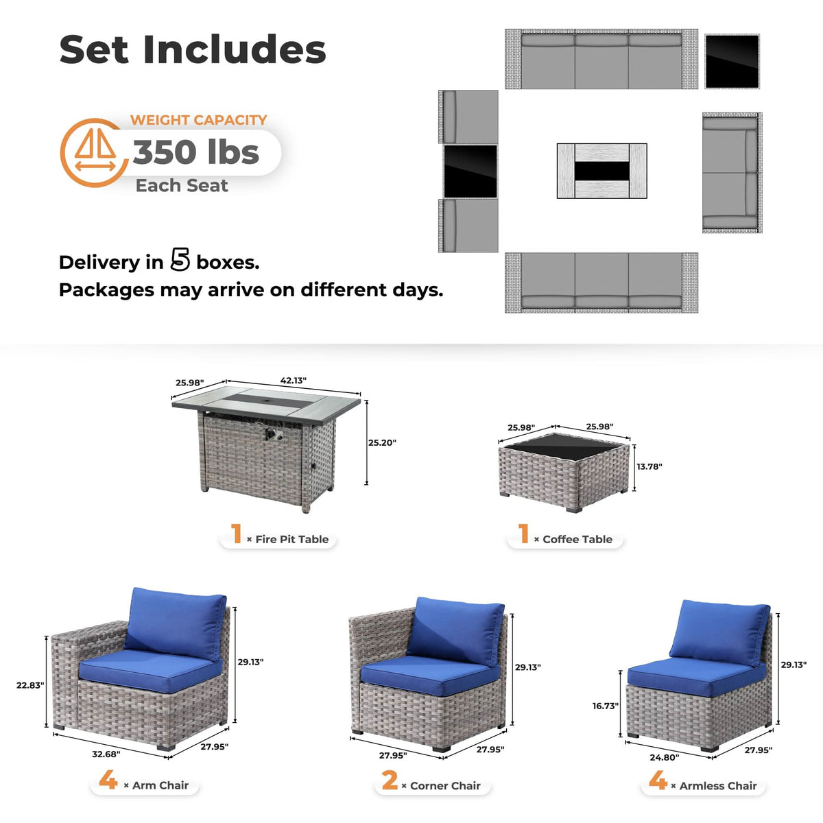 Ovios 13 Pieces Outdoor Patio Furniture Set with Fire Pit Table and Chairs with Wide Armrests