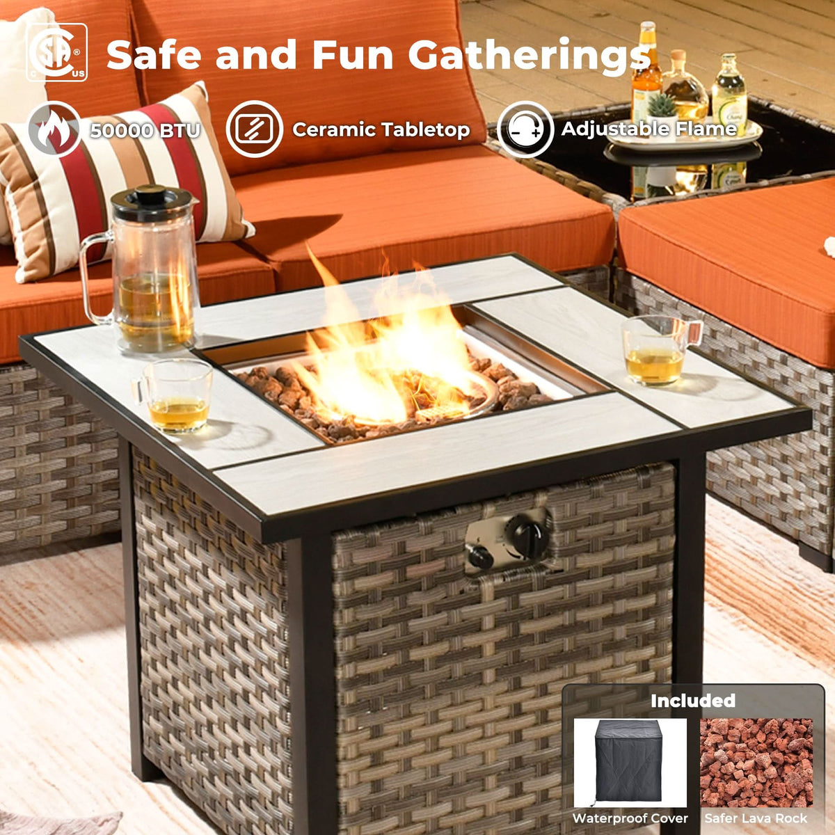 Ovios 13 Pieces Outdoor Patio Furniture Set with Fire Pit Table and Chairs with Wide Armrests