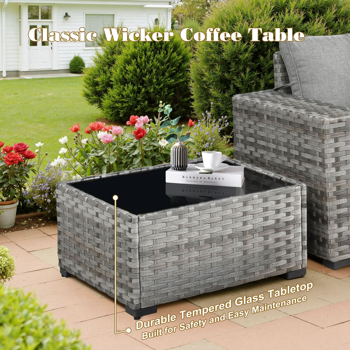 Ovios 13 Pieces Outdoor Patio Furniture Set with Fire Pit Table and Chairs with Wide Armrests