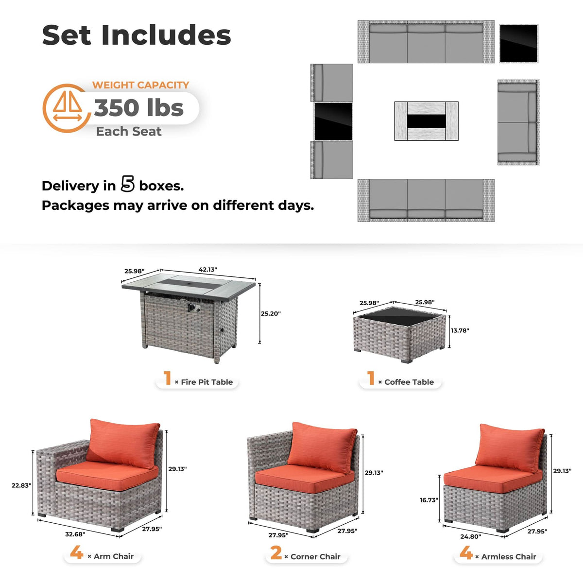 Ovios 13 Pieces Outdoor Patio Furniture Set with Fire Pit Table and Chairs with Wide Armrests