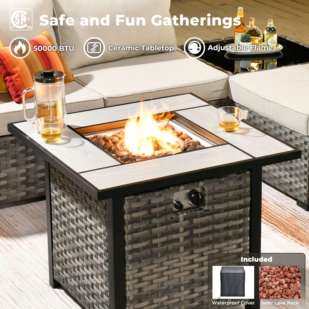 Ovios 13 Pieces Outdoor Patio Furniture Set with Fire Pit Table and Chairs with Wide Armrests