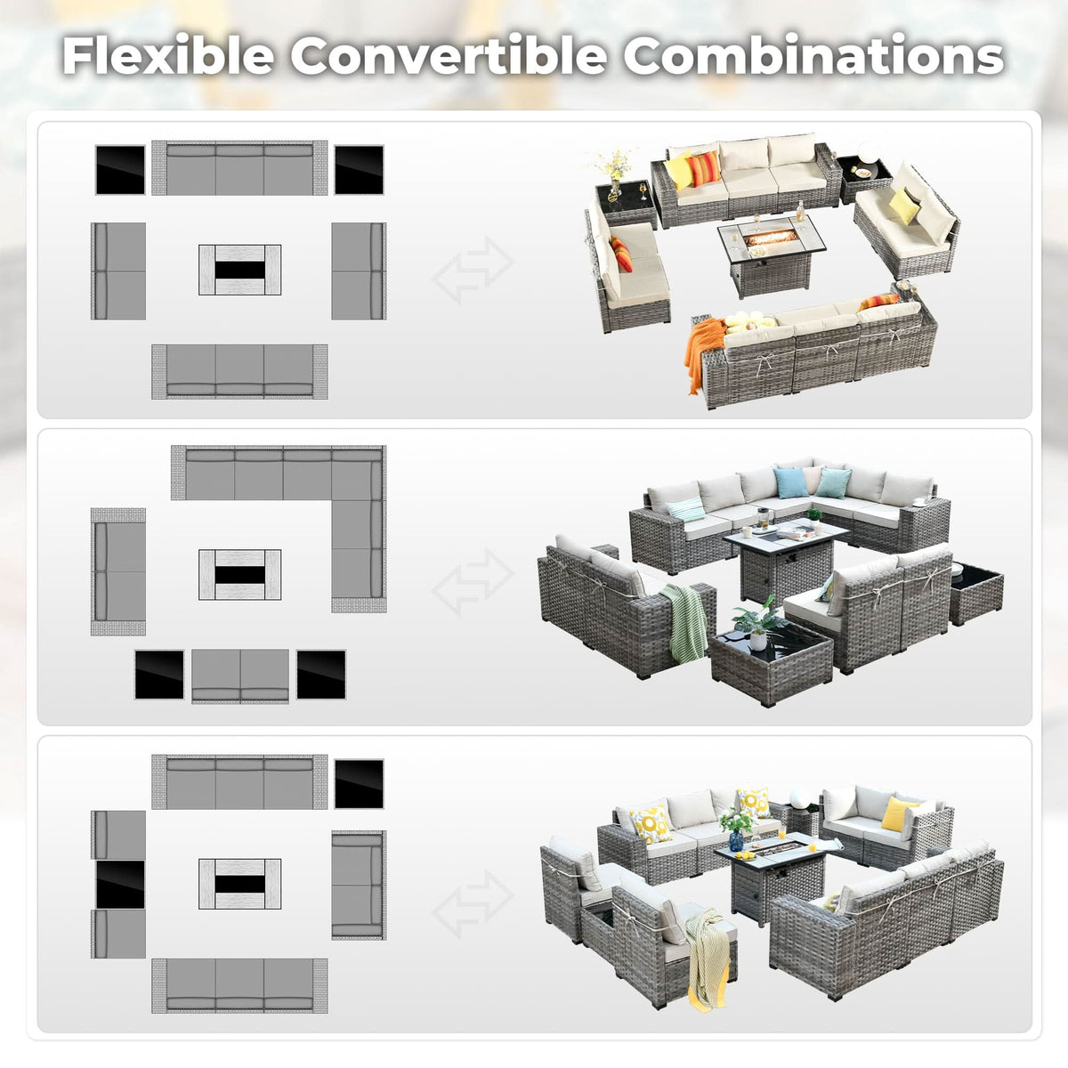 Ovios 13 Pieces Outdoor Patio Furniture Set with Fire Pit Table and Chairs with Wide Armrests