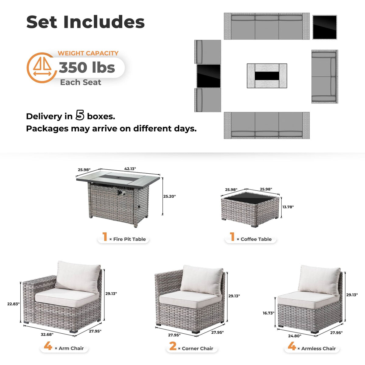 Ovios 13 Pieces Outdoor Patio Furniture Set with Fire Pit Table and Chairs with Wide Armrests