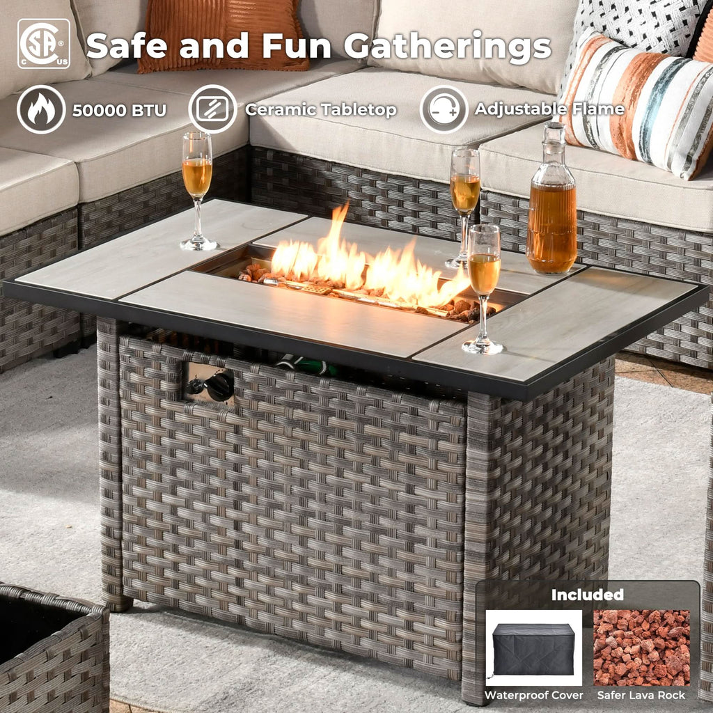 Ovios 13 Pieces Outdoor Patio Furniture Set with Fire Pit Table and Chairs with Wide Armrests