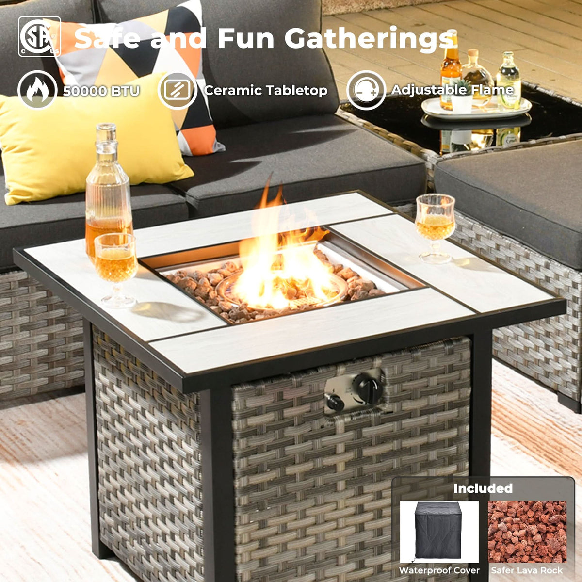 Ovios 13 Pieces Outdoor Patio Furniture Set with Fire Pit Table and Chairs with Wide Armrests