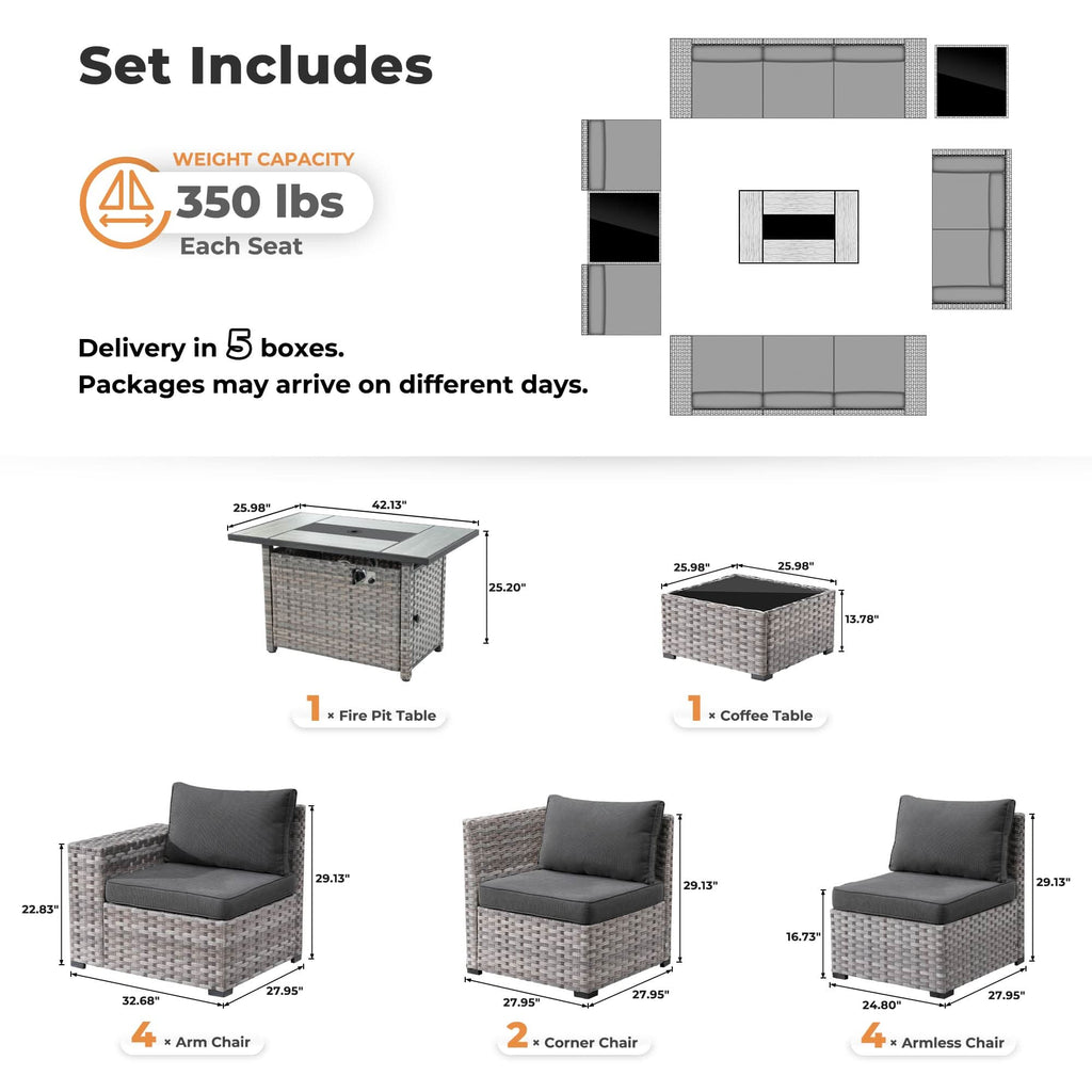 Ovios 13 Pieces Outdoor Patio Furniture Set with Fire Pit Table and Chairs with Wide Armrests
