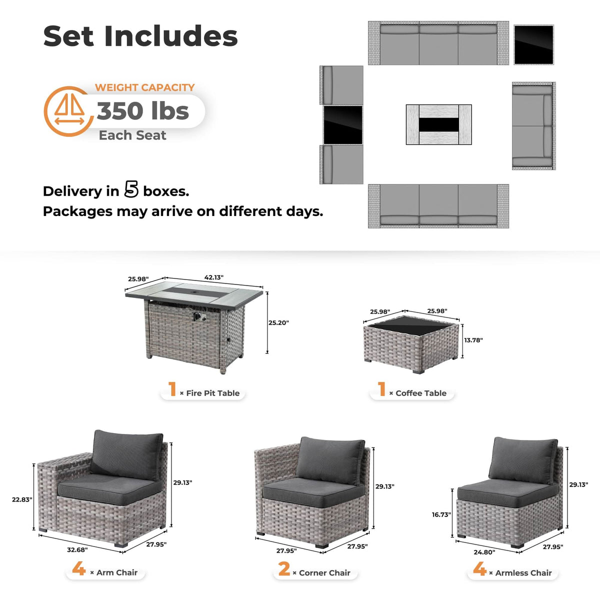 Ovios 13 Pieces Outdoor Patio Furniture Set with Fire Pit Table and Chairs with Wide Armrests