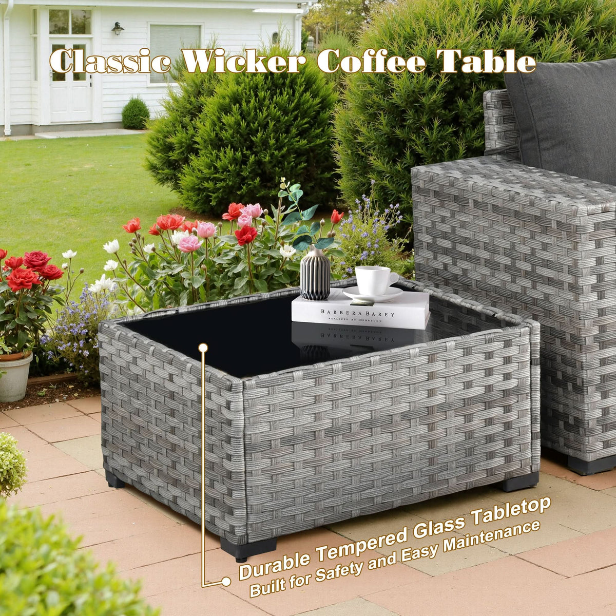 Ovios 13 Pieces Outdoor Patio Furniture Set with Fire Pit Table and Chairs with Wide Armrests