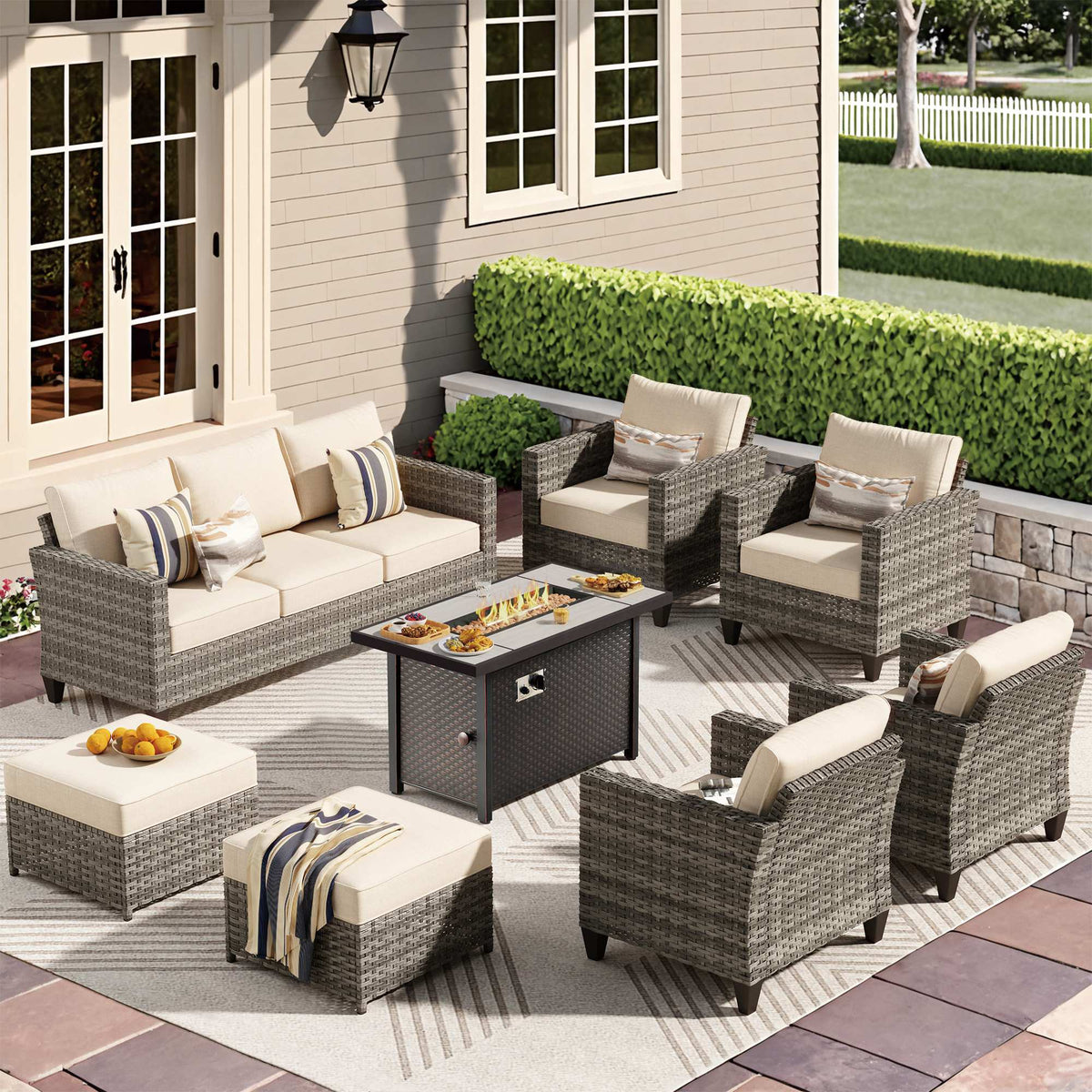OVIOS Outdoor Patio Conversation Set with Fire Pit Table – Modern Wicker Sofa Seating
