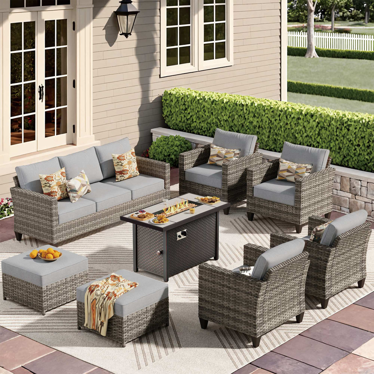 OVIOS Outdoor Patio Conversation Set with Fire Pit Table – Modern Wicker Sofa Seating