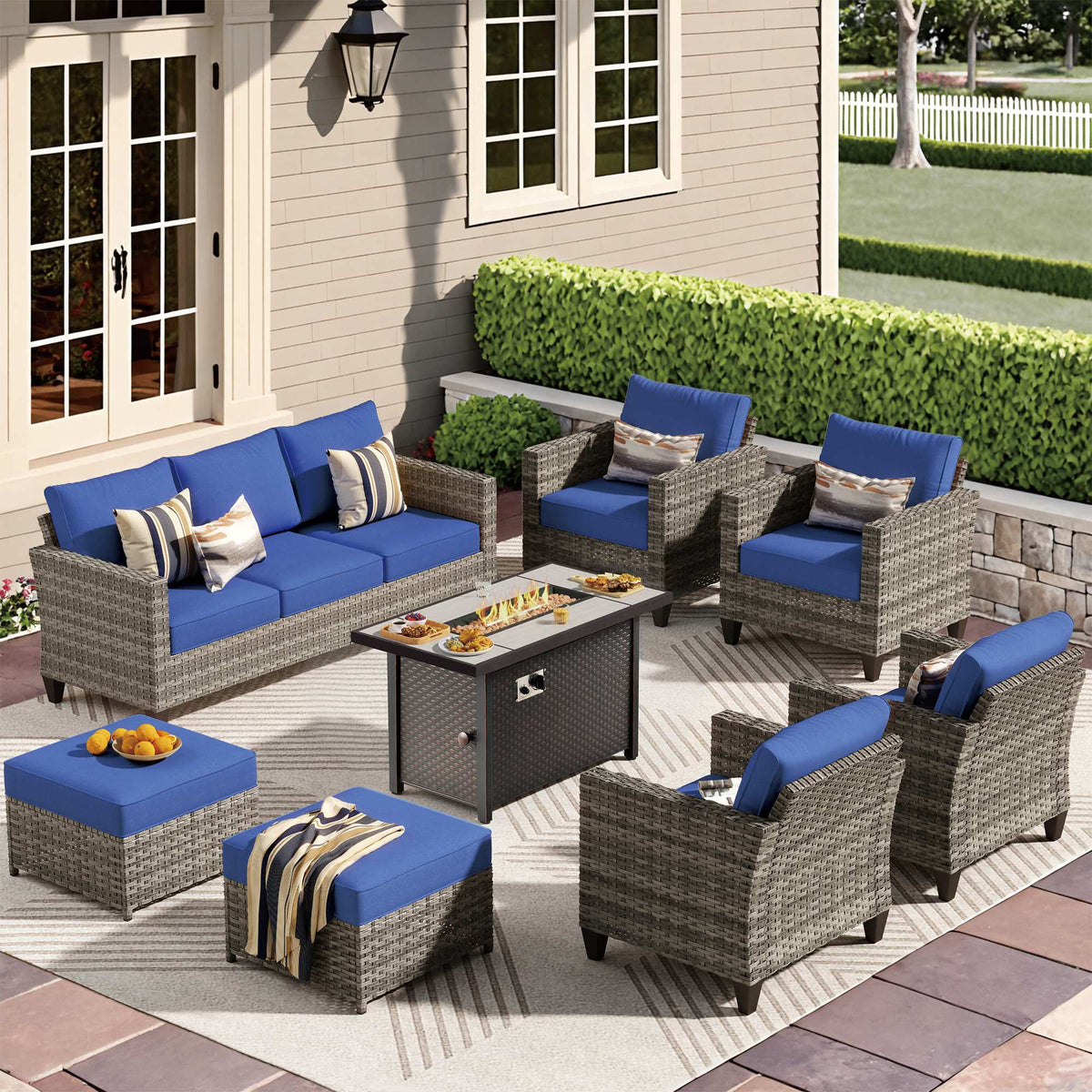 OVIOS Outdoor Patio Conversation Set with Fire Pit Table – Modern Wicker Sofa Seating