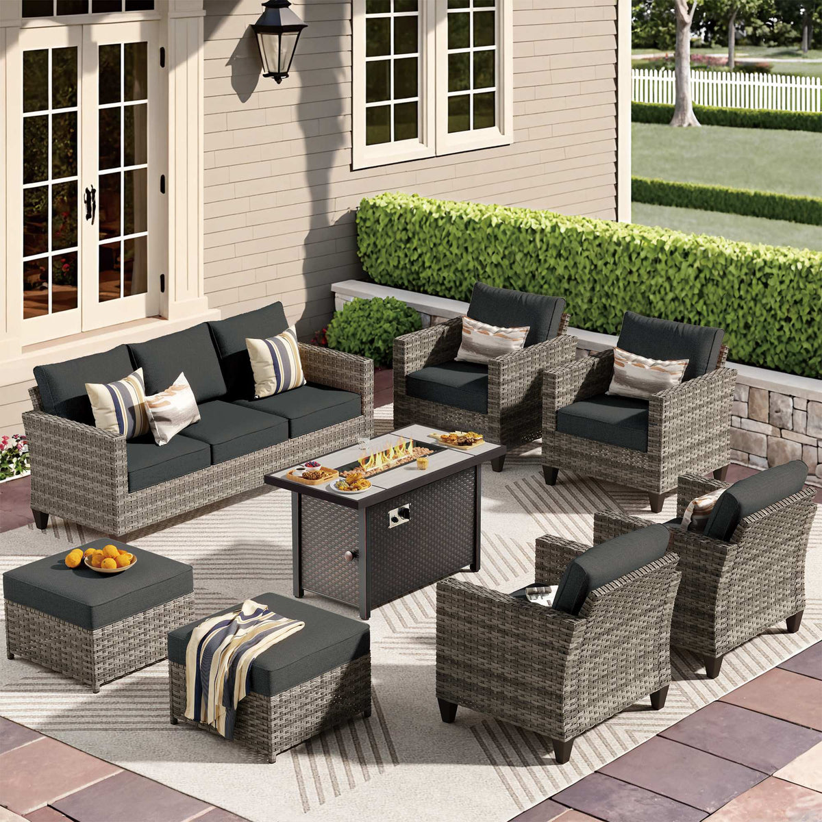 OVIOS Outdoor Patio Conversation Set with Fire Pit Table – Modern Wicker Sofa Seating