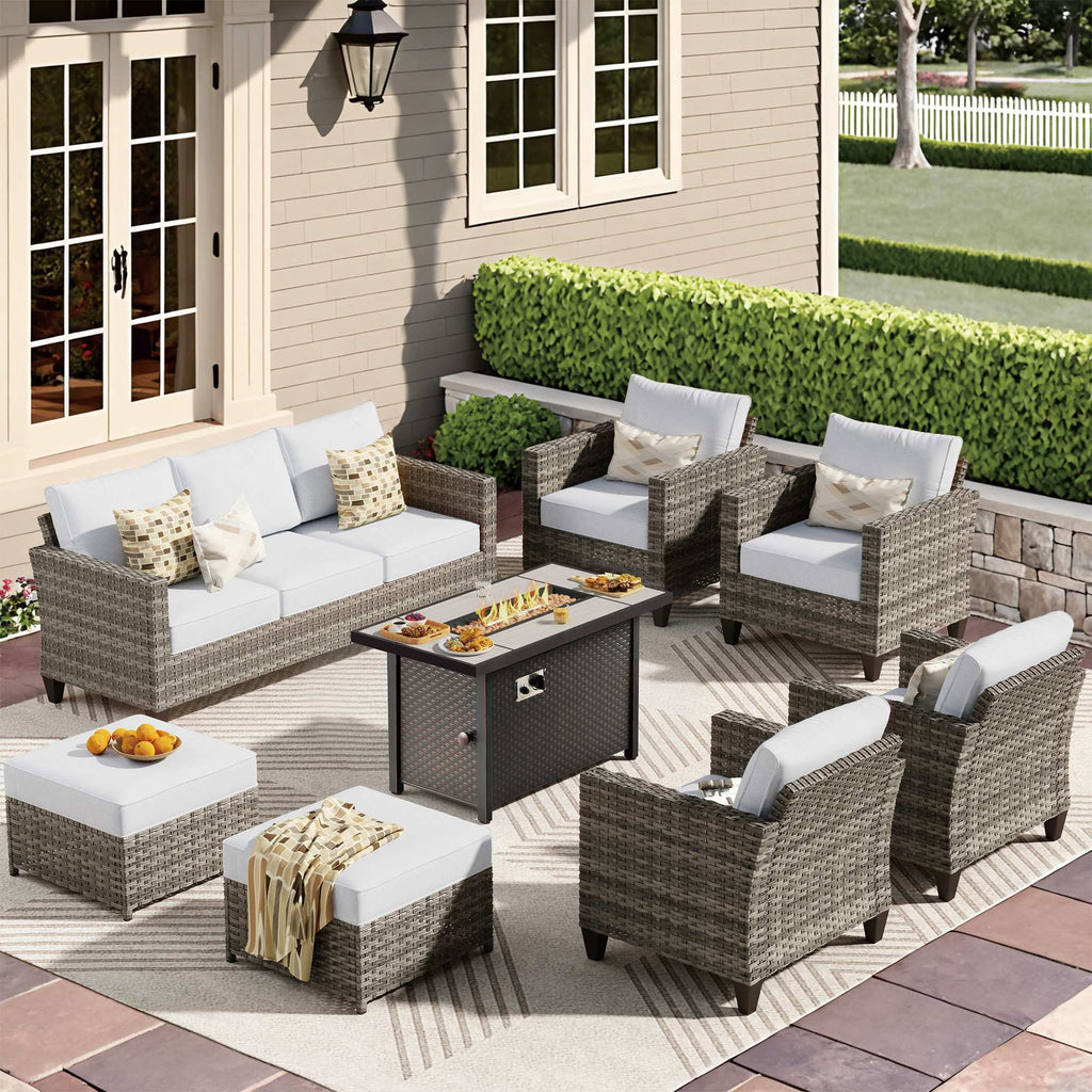 OVIOS Outdoor Patio Conversation Set with Fire Pit Table – Modern Wicker Sofa Seating