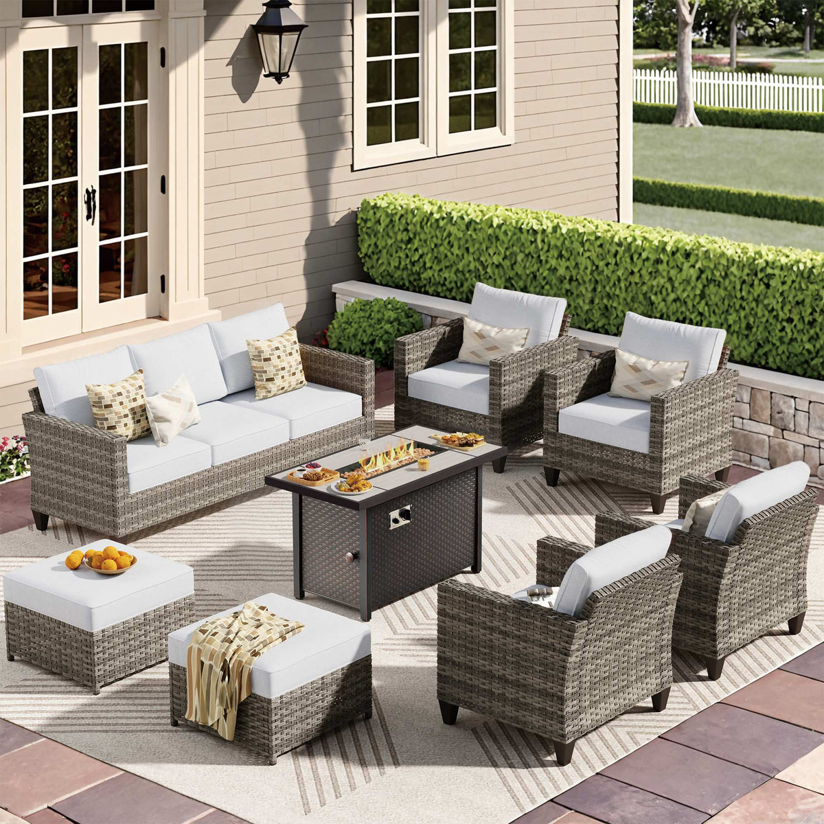 OVIOS Outdoor Patio Conversation Set with Fire Pit Table – Modern Wicker Sofa Seating