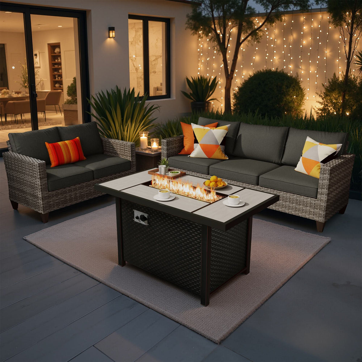 OVIOS Outdoor Patio Conversation Set with Fire Pit Table – Modern Wicker Sofa Seating
