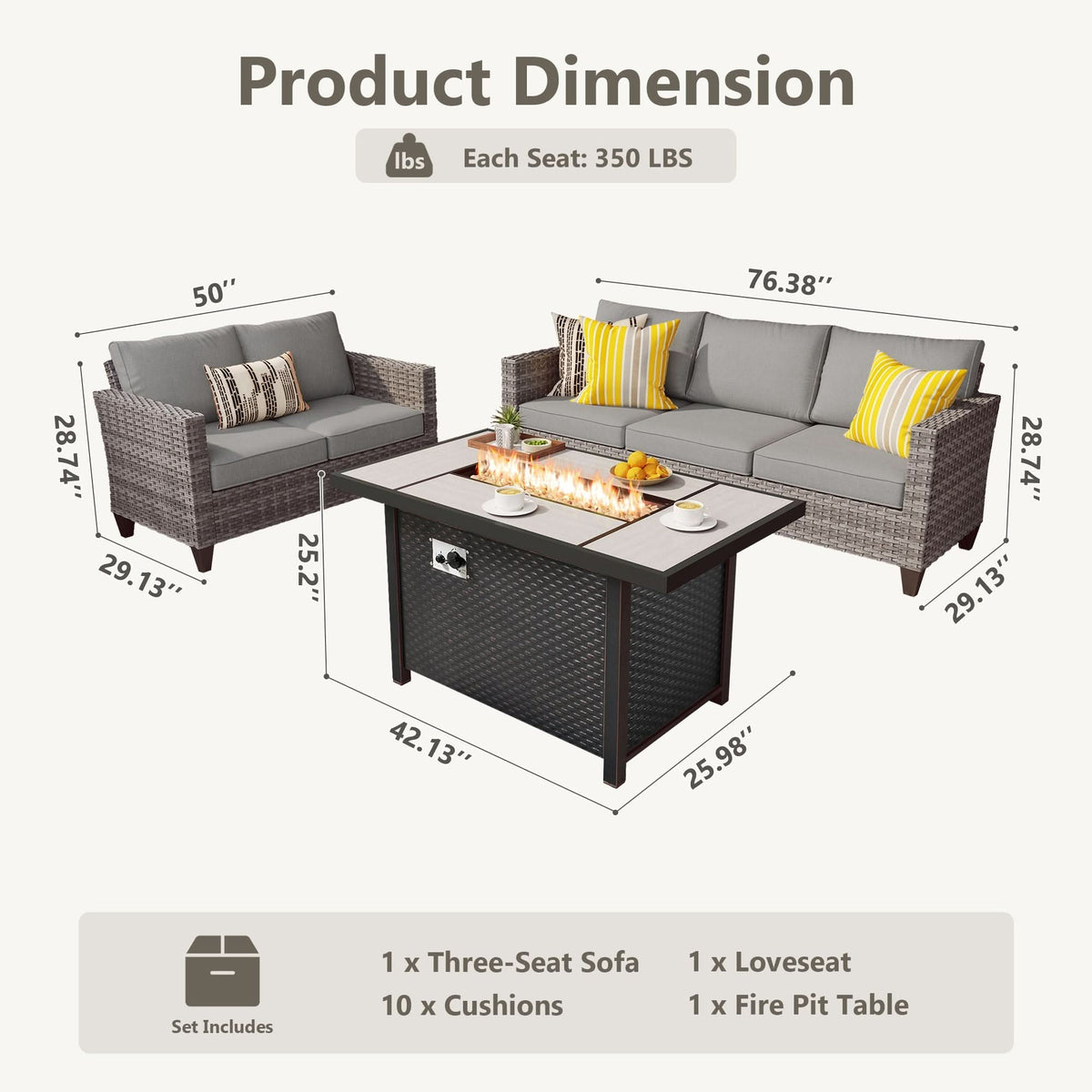 OVIOS Outdoor Patio Conversation Set with Fire Pit Table – Modern Wicker Sofa Seating
