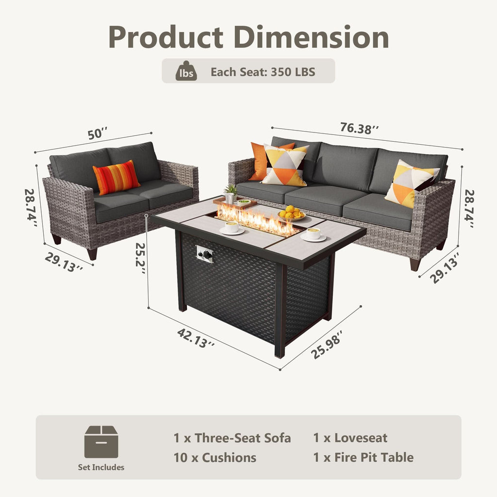 OVIOS Outdoor Patio Conversation Set with Fire Pit Table – Modern Wicker Sofa Seating