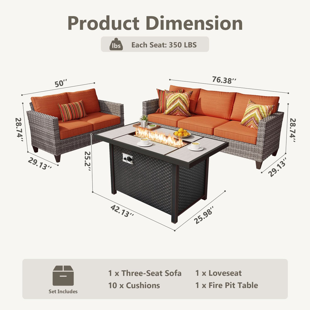 OVIOS Outdoor Patio Conversation Set with Fire Pit Table – Modern Wicker Sofa Seating