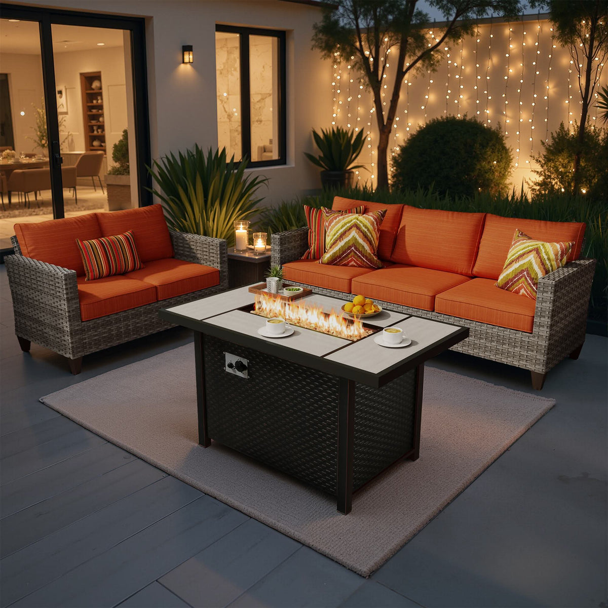 OVIOS Outdoor Patio Conversation Set with Fire Pit Table – Modern Wicker Sofa Seating