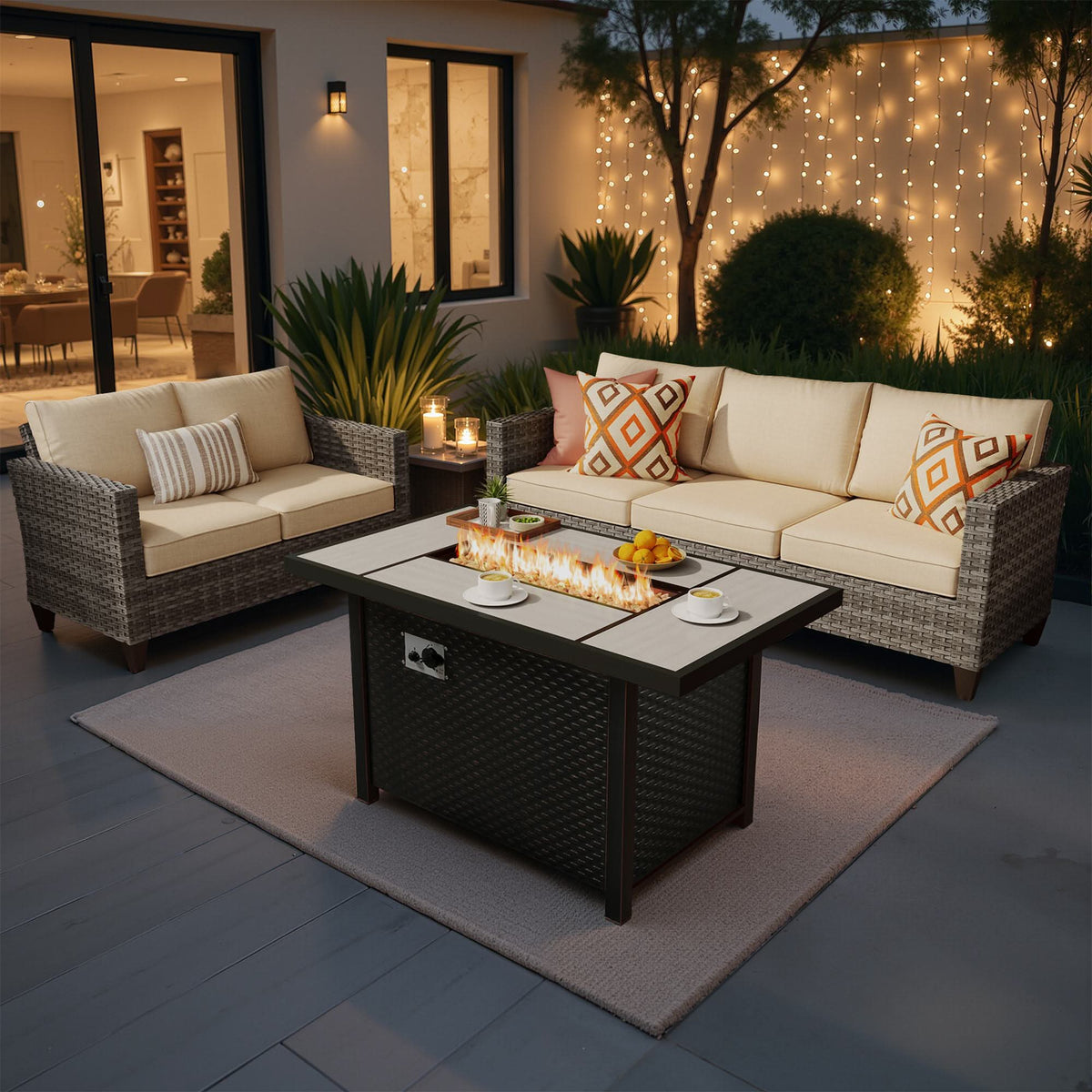 OVIOS Outdoor Patio Conversation Set with Fire Pit Table – Modern Wicker Sofa Seating