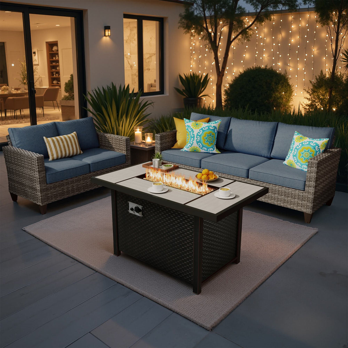 OVIOS Outdoor Patio Conversation Set with Fire Pit Table – Modern Wicker Sofa Seating