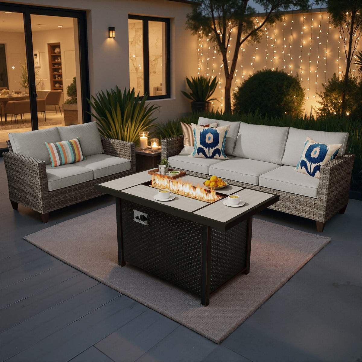OVIOS Outdoor Patio Conversation Set with Fire Pit Table – Modern Wicker Sofa Seating