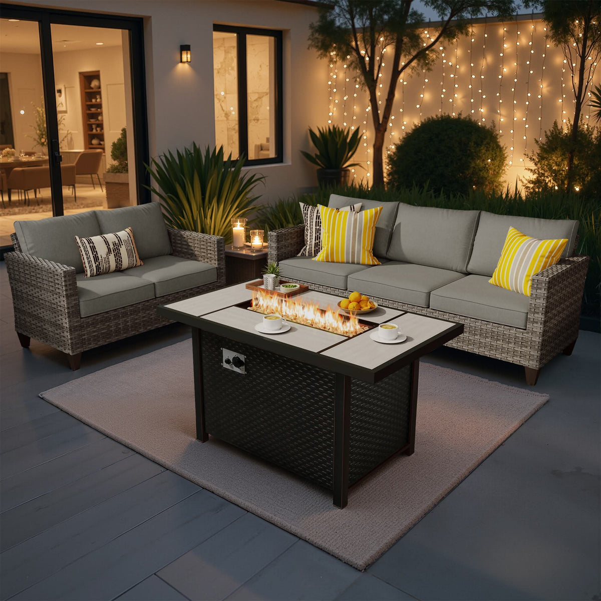 OVIOS Outdoor Patio Conversation Set with Fire Pit Table – Modern Wicker Sofa Seating