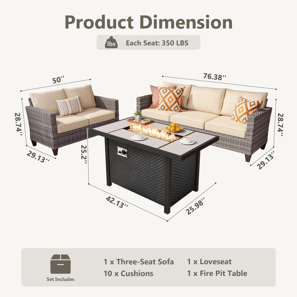 OVIOS Outdoor Patio Conversation Set with Fire Pit Table – Modern Wicker Sofa Seating