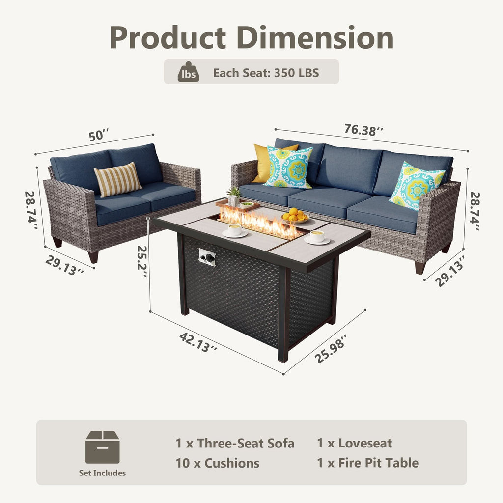 OVIOS Outdoor Patio Conversation Set with Fire Pit Table – Modern Wicker Sofa Seating