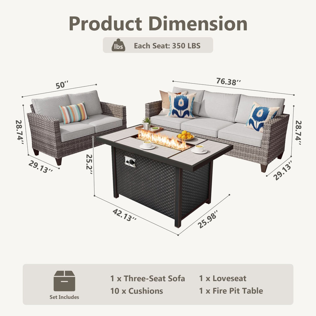 OVIOS Outdoor Patio Conversation Set with Fire Pit Table – Modern Wicker Sofa Seating