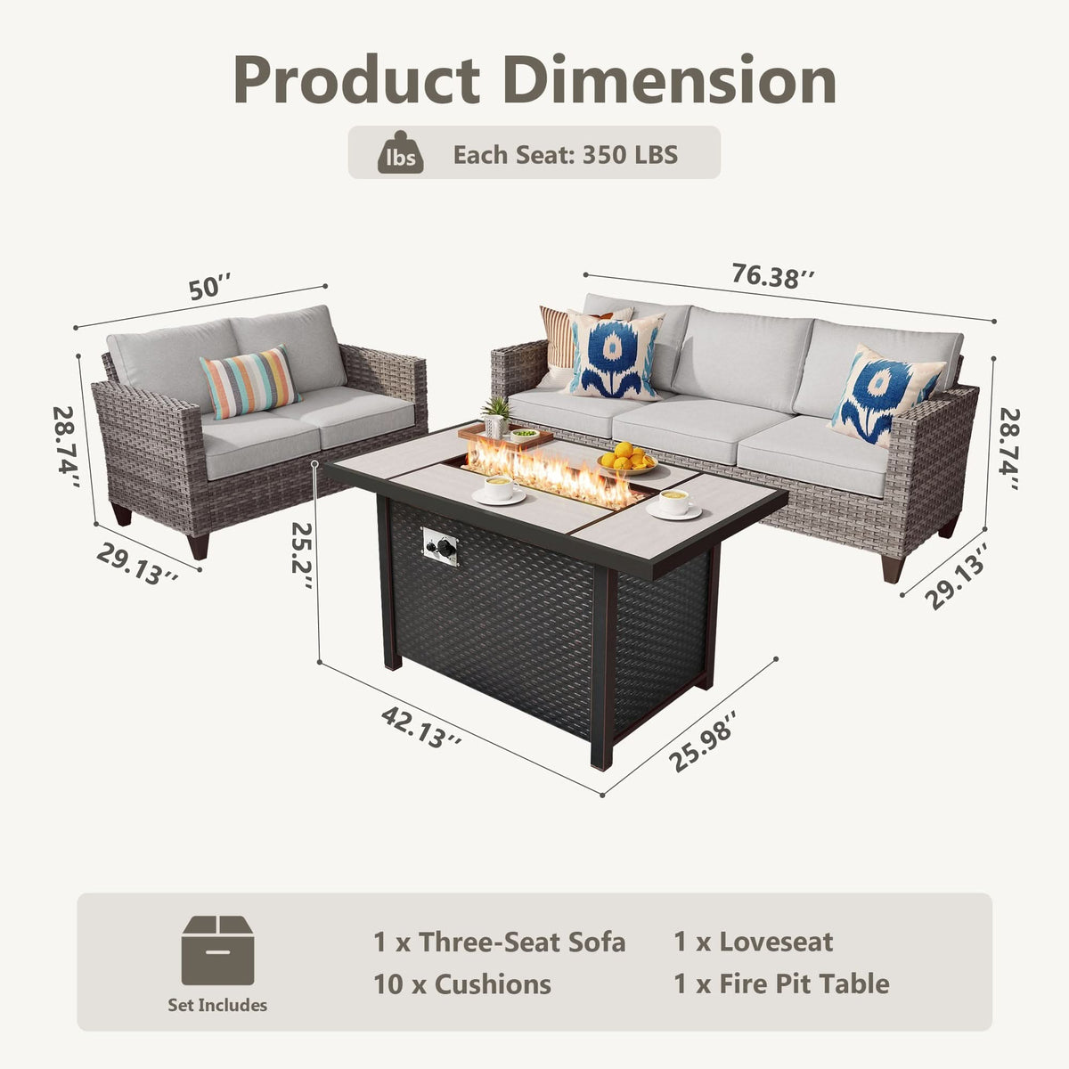 OVIOS Outdoor Patio Conversation Set with Fire Pit Table – Modern Wicker Sofa Seating