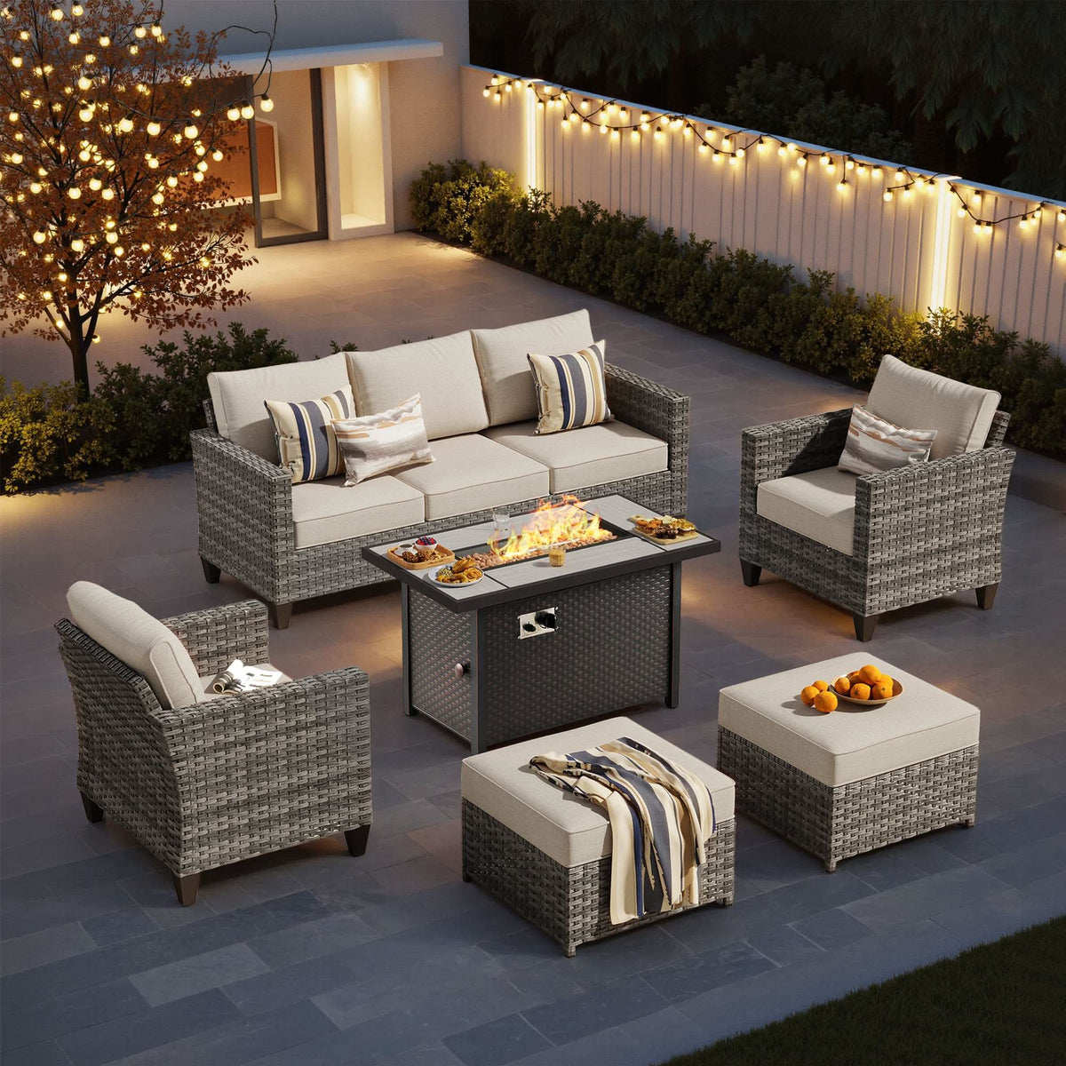 OVIOS Outdoor Patio Conversation Set with Fire Pit Table – Modern Wicker Sofa Seating