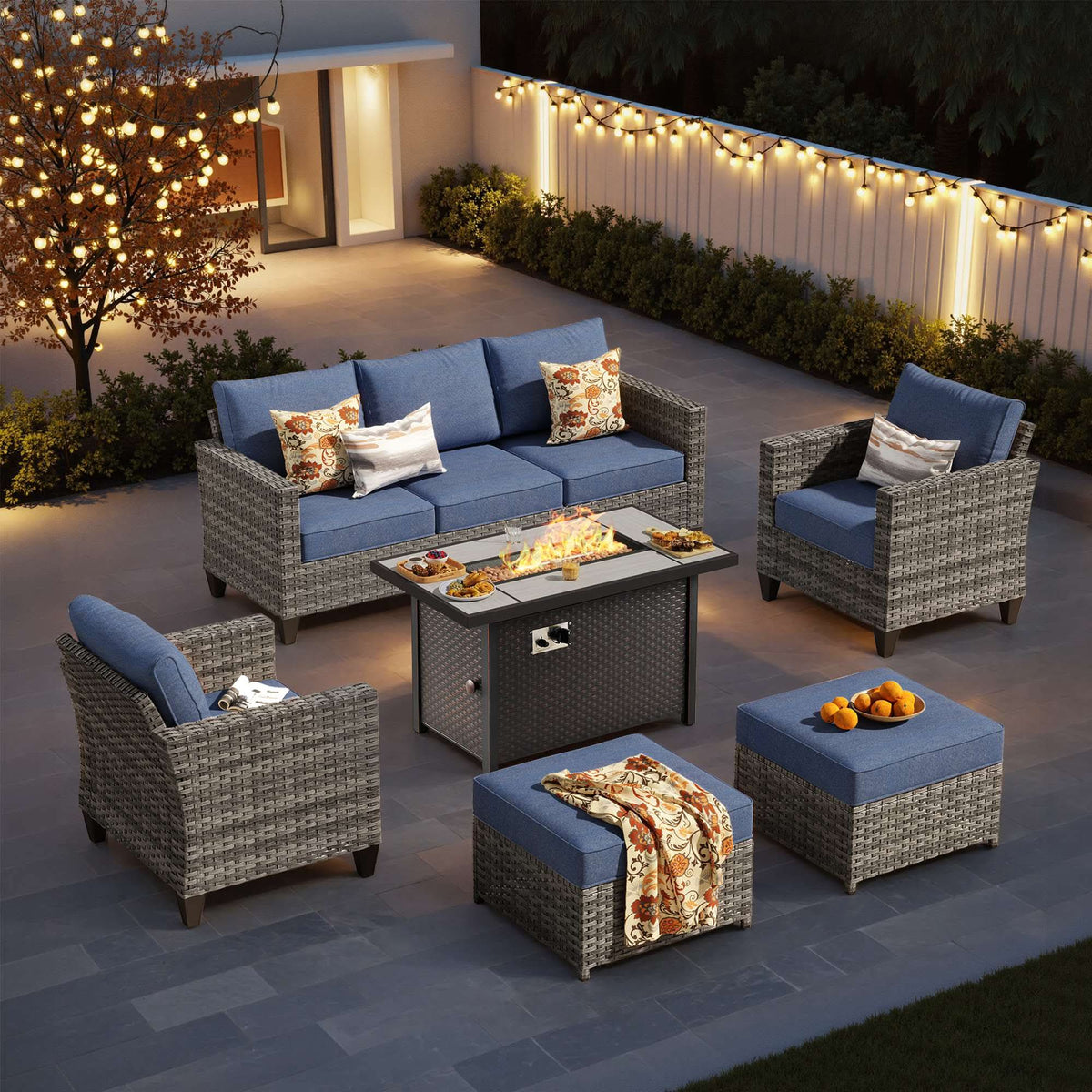 OVIOS Outdoor Patio Conversation Set with Fire Pit Table – Modern Wicker Sofa Seating