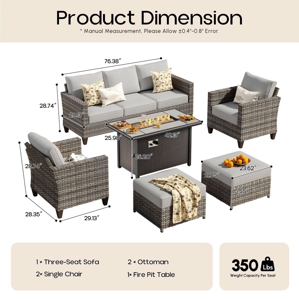 OVIOS Outdoor Patio Conversation Set with Fire Pit Table – Modern Wicker Sofa Seating