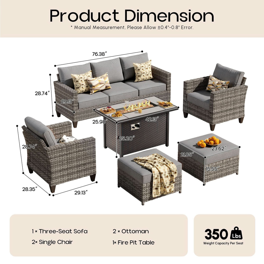 OVIOS Outdoor Patio Conversation Set with Fire Pit Table – Modern Wicker Sofa Seating