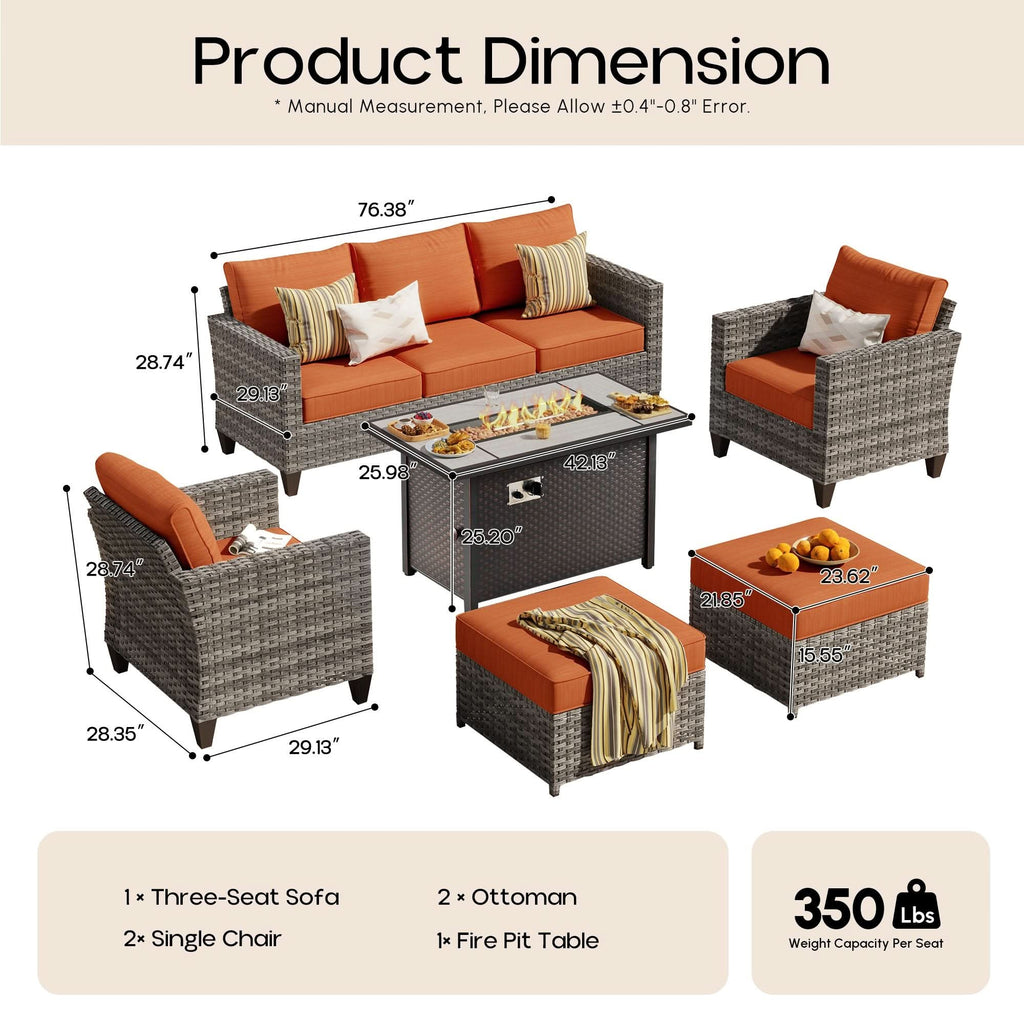 OVIOS Outdoor Patio Conversation Set with Fire Pit Table – Modern Wicker Sofa Seating