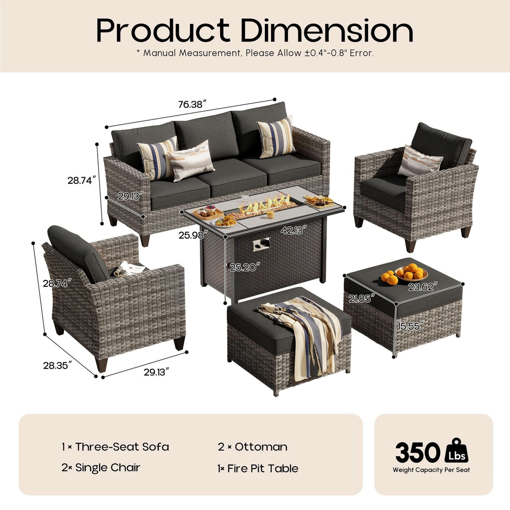 OVIOS Outdoor Patio Conversation Set with Fire Pit Table – Modern Wicker Sofa Seating
