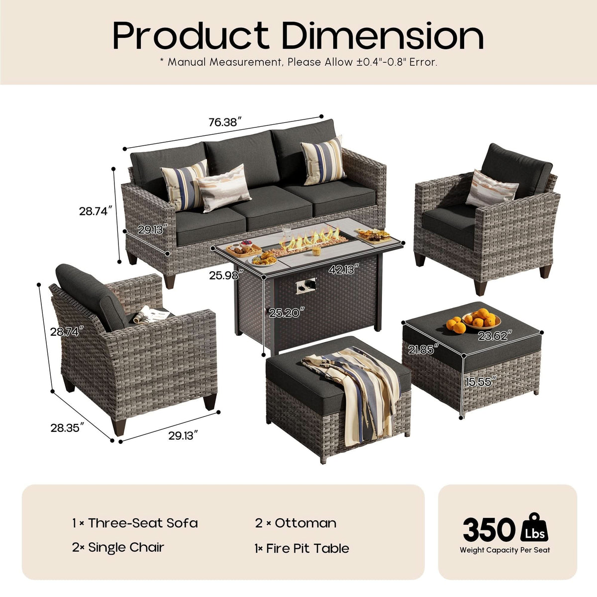 OVIOS Outdoor Patio Conversation Set with Fire Pit Table – Modern Wicker Sofa Seating
