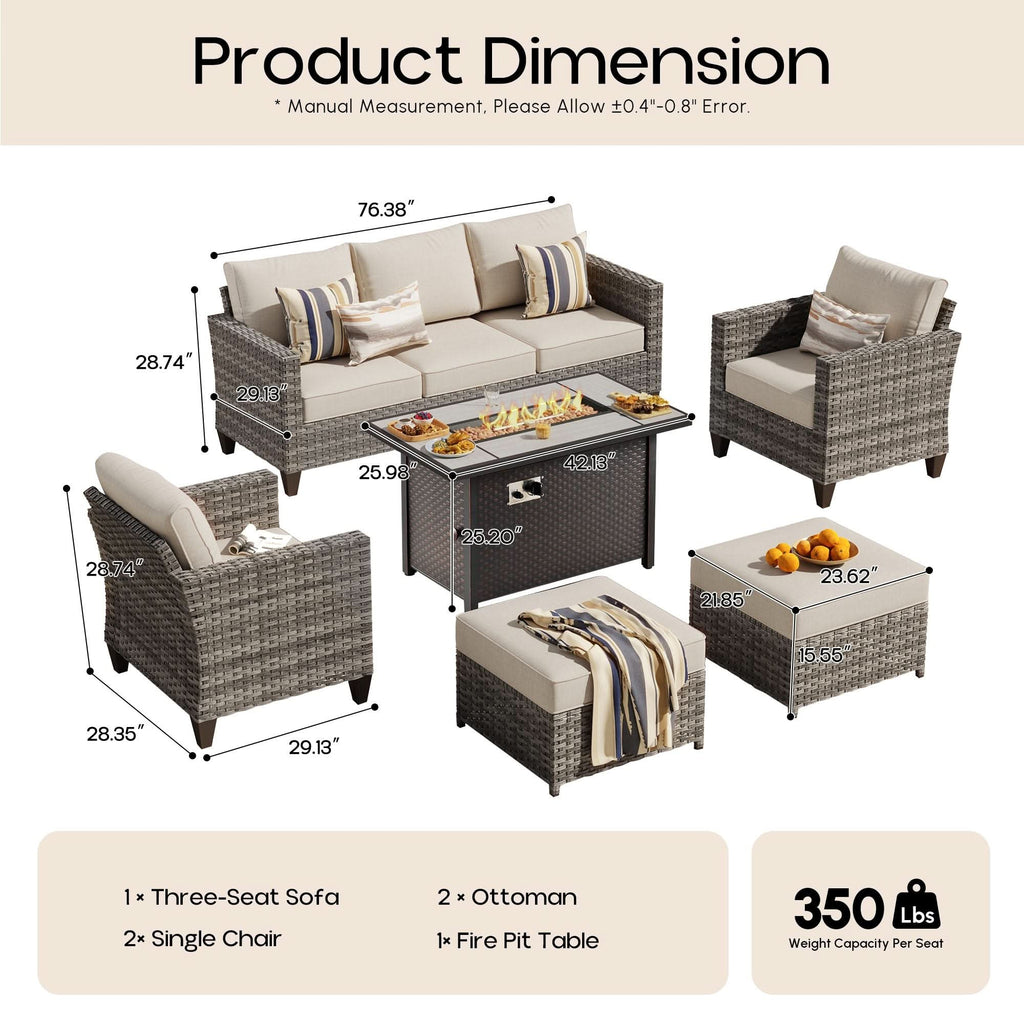 OVIOS Outdoor Patio Conversation Set with Fire Pit Table – Modern Wicker Sofa Seating