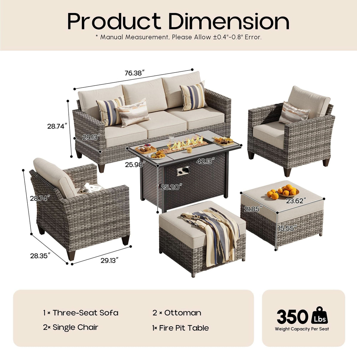 OVIOS Outdoor Patio Conversation Set with Fire Pit Table – Modern Wicker Sofa Seating